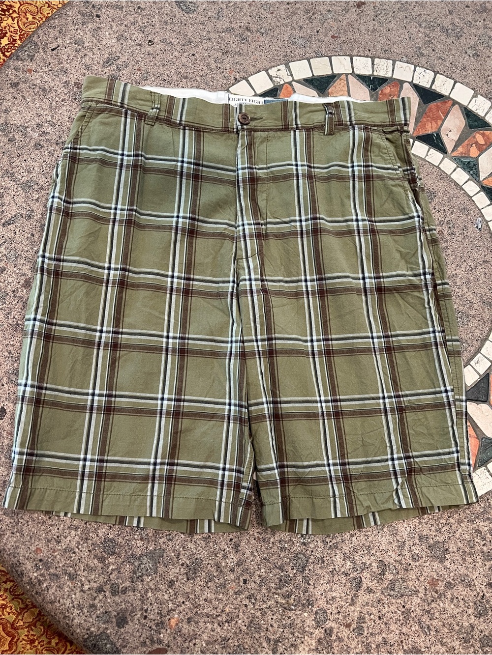 Men's Olive Green Plaid Long Camp Shorts